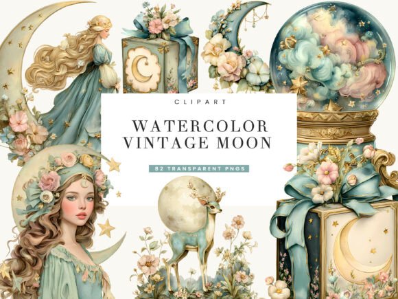 Download Watercolor Vintage Moon Clipart Bundle - Moon Collection